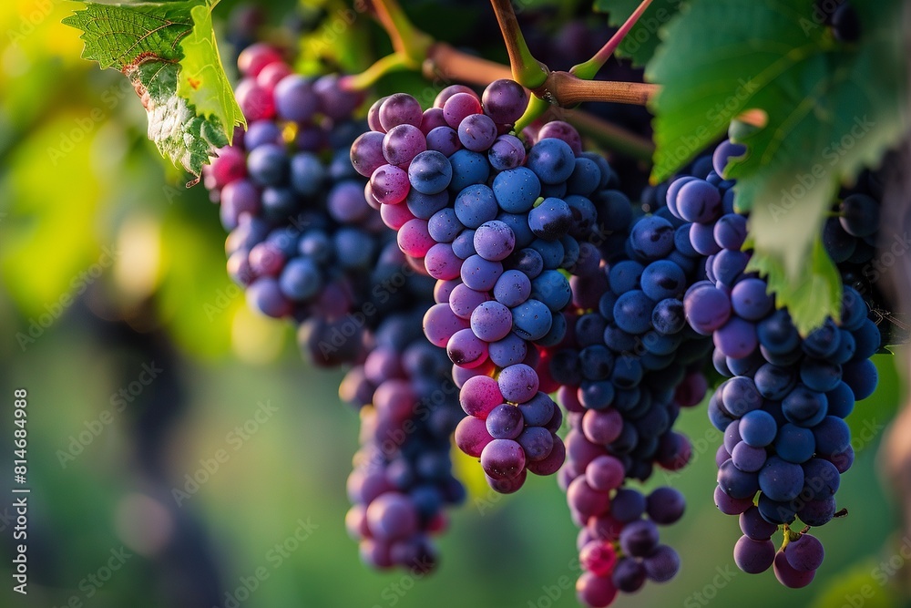 Large bunches of wine grapes hang from an vine in warm afternoon light Large bunches of wine grapes hang from an vine in warm afternoon light