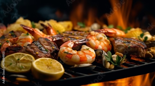 Close-up illustration of seafood grilled and smoked delicious and premium food,for menu recommend and advertising in restaurant.