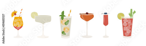 Set of popular classic cocktails. Different alcoholic drinks in various glasses. Summer aperitif garnished with lime twist, orange slice and cherry. Vector illustration of soft and alcohol beverages.
