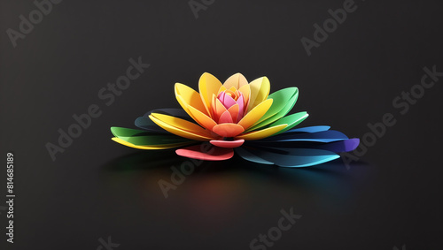 a 3D rendering of a rainbow lotus flower in full bloom against a dark background.