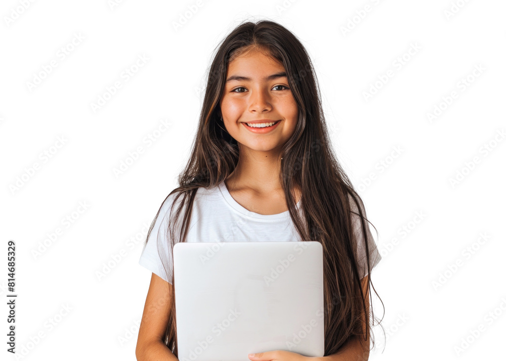 Young Girl with Laptop Smiles at Camera Young Girl with Laptop Smiles at Camera