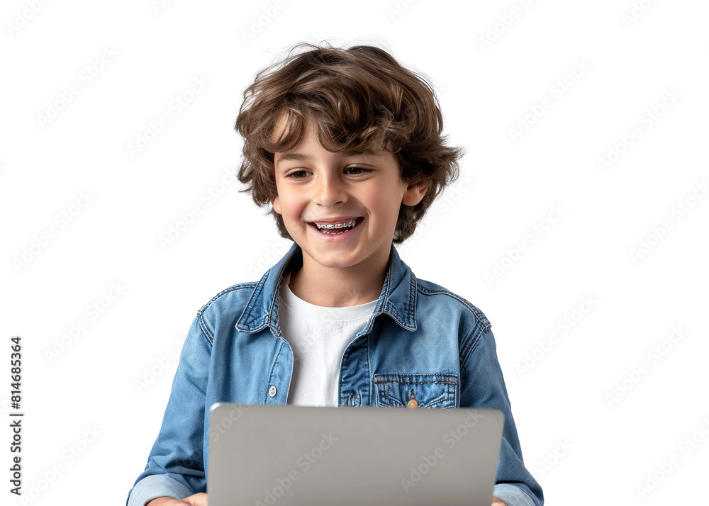 Young Boy with Laptop on Transparent Background Young Boy with Laptop on Transparent Background