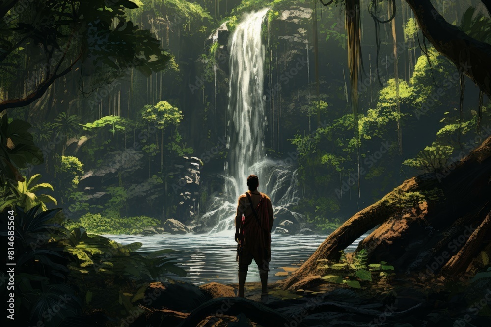 Lone explorer stands before a towering waterfall surrounded by the serene beauty of a dense jungle Lone explorer stands before a towering waterfall surrounded by the serene beauty of a dense jungle