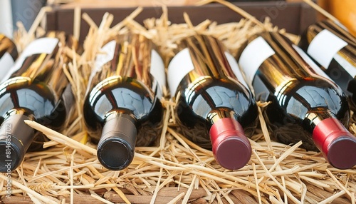 closeup shot of wineshelf bottles lay over straw photo