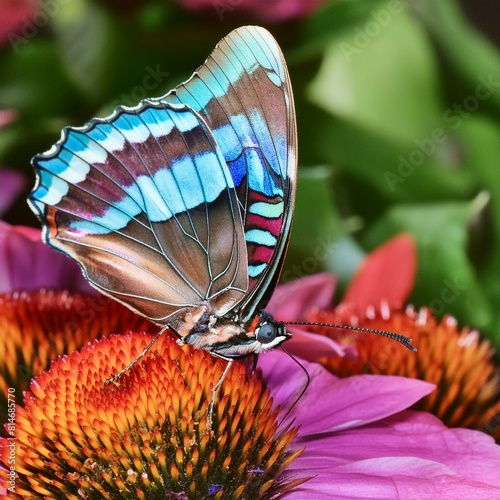 Un gros plan d’un papillon aux ailes irisées perché sur une fleur