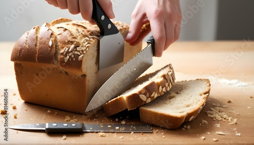 A serrated bread knife slicing through a freshly b upscaled_3 photo