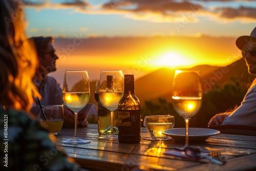 young people sitting in a restaurant by the sea and drinking wine at sunset