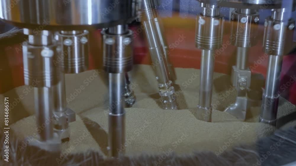 Drag finishing machine uses abrasive particles for polishing and cleaning metal details clamped in rotating holders at factory, plant: close up. Metalworking, industrial and deburring concept