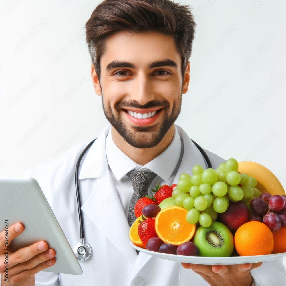 Nutritionist man in a white coat with plate of fruit smiling Isolated on white background Nutritionist man in a white coat with plate of fruit smiling Isolated on white background