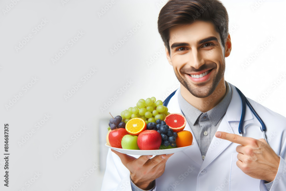 Nutritionist man in a white coat with plate of fruit smiling Isolated on white background Nutritionist man in a white coat with plate of fruit smiling Isolated on white background