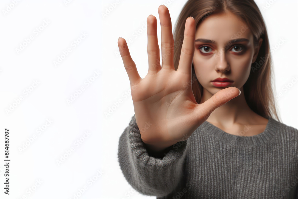 woman with her hand outstretched as a sign of stop against violence Isolated on white background woman with her hand outstretched as a sign of stop against violence Isolated on white background