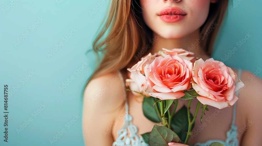 A woman holding a bunch of pretty roses in her hands, against a light blue backdrop, close up. A woman holding a bunch of pretty roses in her hands, against a light blue backdrop, close up.