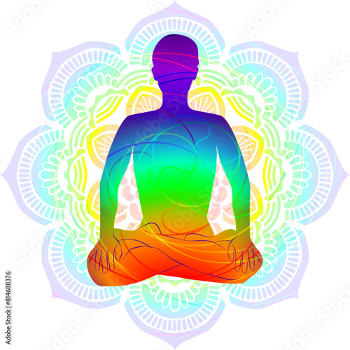 Colorful silhouette of woman practicing Padmasana yoga pose.Lotus pose. Intermediate Difficulty. Isolated vector illustration
