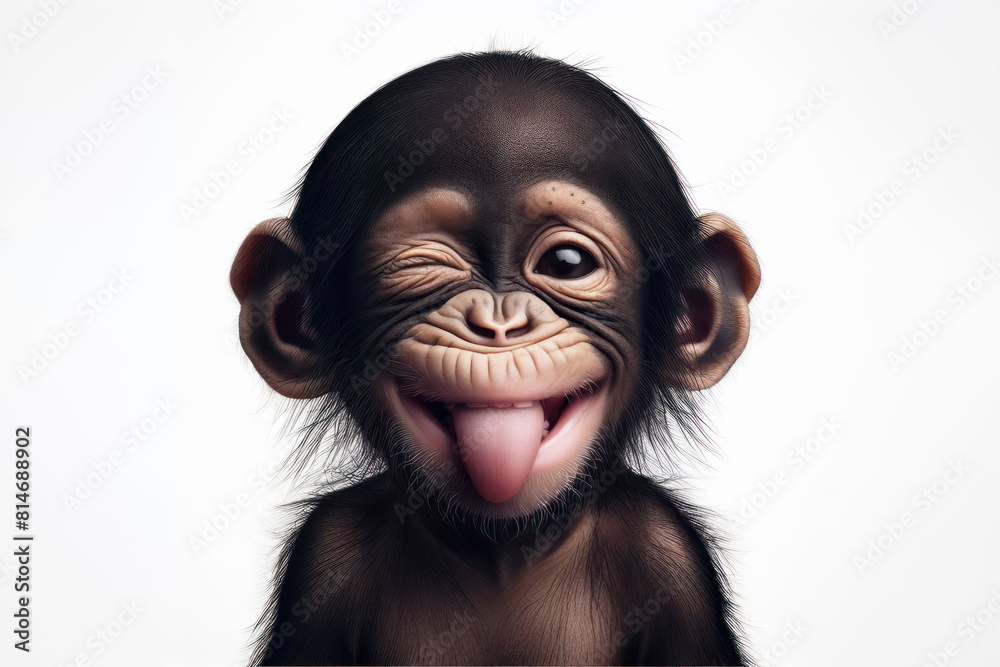 monkey baby with tongue out and winking one eye closed Isolated on ...