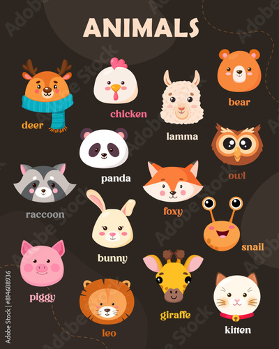 Set of cute animals head for children s card and invitation includes giraffe kitten leo piggy bunny snail raccoon panda foxy owl lamma chicken deer bear. 