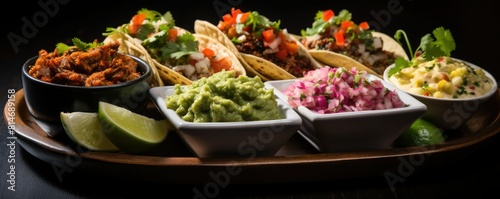 A variety of delicious tacos with fresh ingredients and zesty salsas  served on a platter.