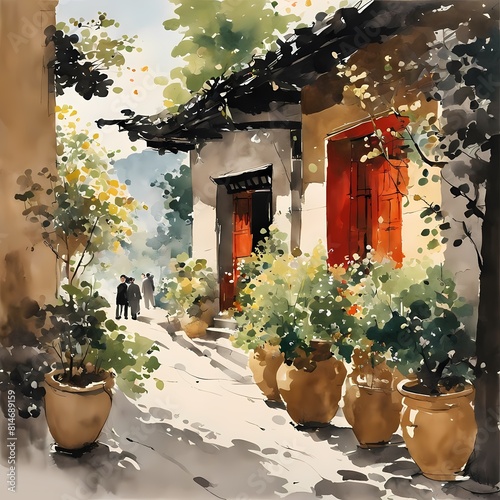 Fototapeta Naklejka Na Ścianę i Meble -  Japanese Village Landscape, Generative AI Illustration 