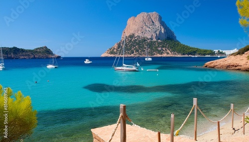 cala d hort beach cala d hort in summer is extremely popular beach have a fantastic view of the mysterious island of es vedra ibiza island balearic islands europe espana spain photo