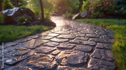A pathway made of stamped concrete that mimics the look of cobblestones, showing detailed texture and color variation photo