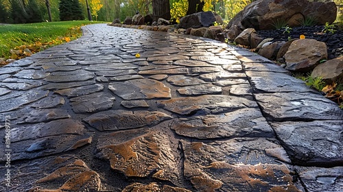 A pathway made of stamped concrete that mimics the look of cobblestones, showing detailed texture and color variation