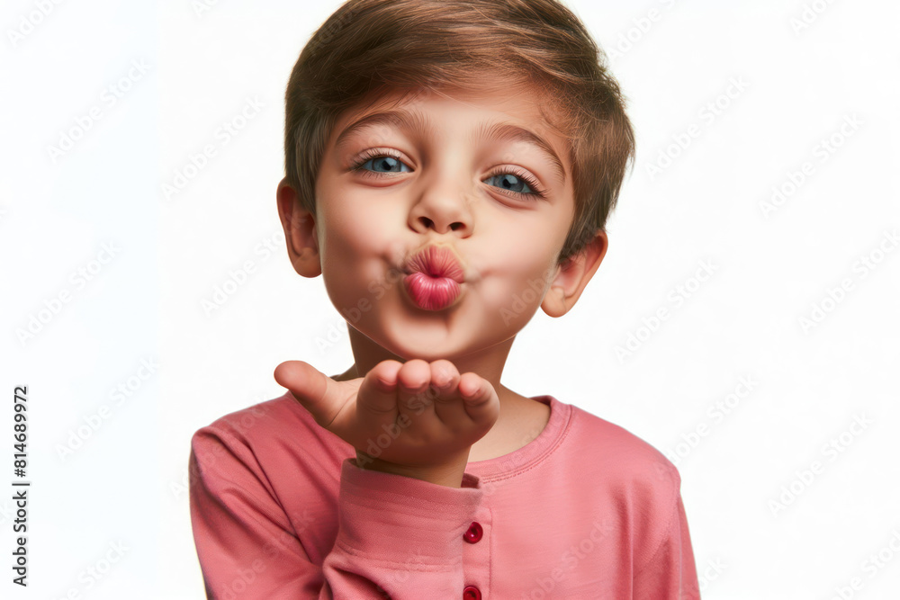 Funny Happy kid portrait showing love making kiss with hand Funny Happy kid portrait showing love making kiss with hand