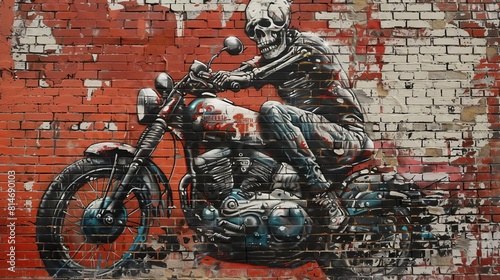 A punkthemed mural depicting a skeleton riding a motorcycle, spraypainted on an urban brick wall