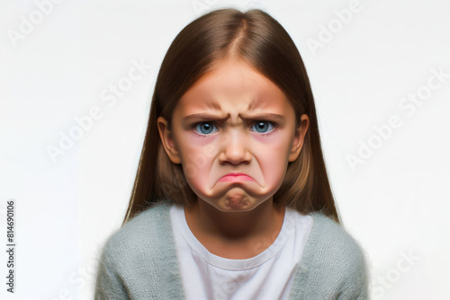 Funny kid with a disgusted expression frown, in clean white background