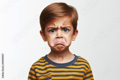 Funny kid with a disgusted expression frown, in clean white background