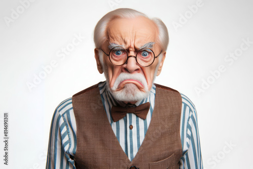 Funny old man with a disgusted expression frown, in clean white background