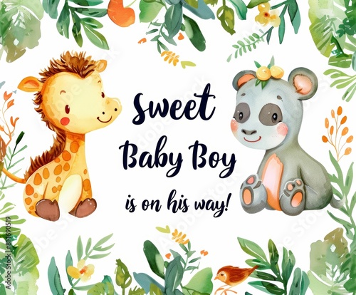 Whimsical Jungle Animals and Greenery for Baby Boy Announcement Generative AI
