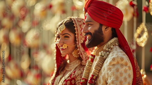 At a Hindu wedding, a dapper groom in a white Sherwani and red turban stands beside his radiant bride, who is adorned in a crimson lehenga, during their sacred Saptapadi ceremony.