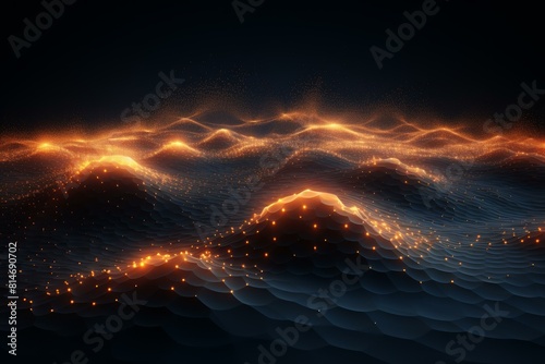 Digital 3d illustration of a dynamic, particle-infused landscape mimicking waves with fiery glow photo