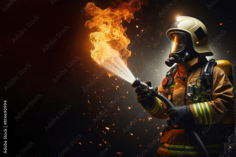 Naklejka premium A brave firefighter with safety suit By water fighting with fire flame Isolated on black background