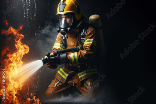 A brave firefighter with safety suit By water fighting with fire flame Isolated on black background