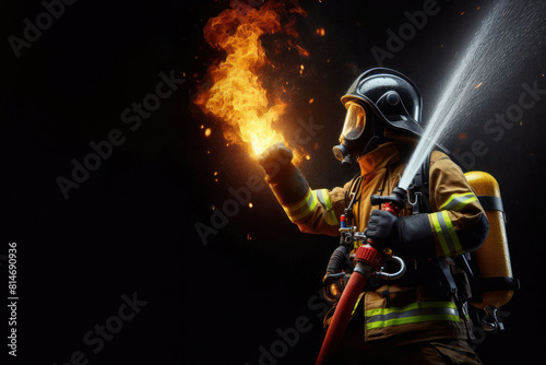 A brave firefighter with safety suit By water fighting with fire flame Isolated on black background © Anna