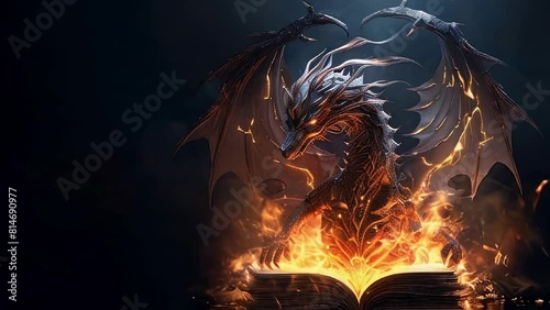 Fantasy dragon perusing an ancient book against a dark backdrop with copy space, surrounded by flickering flames