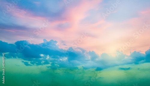 watercolor background in blue pink and green colors colorful painted background texture in abstract sunset or sunrise sky illustration