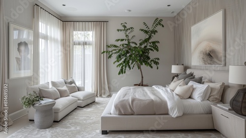 Contemporary minimal master bedroom with a lowprofile bed  soft grey palette  and textured linens