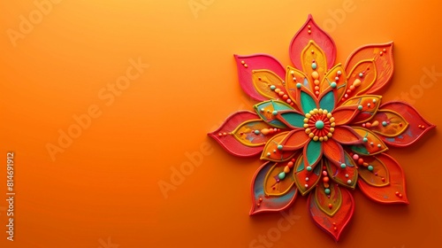 rangoli ornament mandala Indiaon solid orange background, flat lay, copy space, hand drawn illustration photo