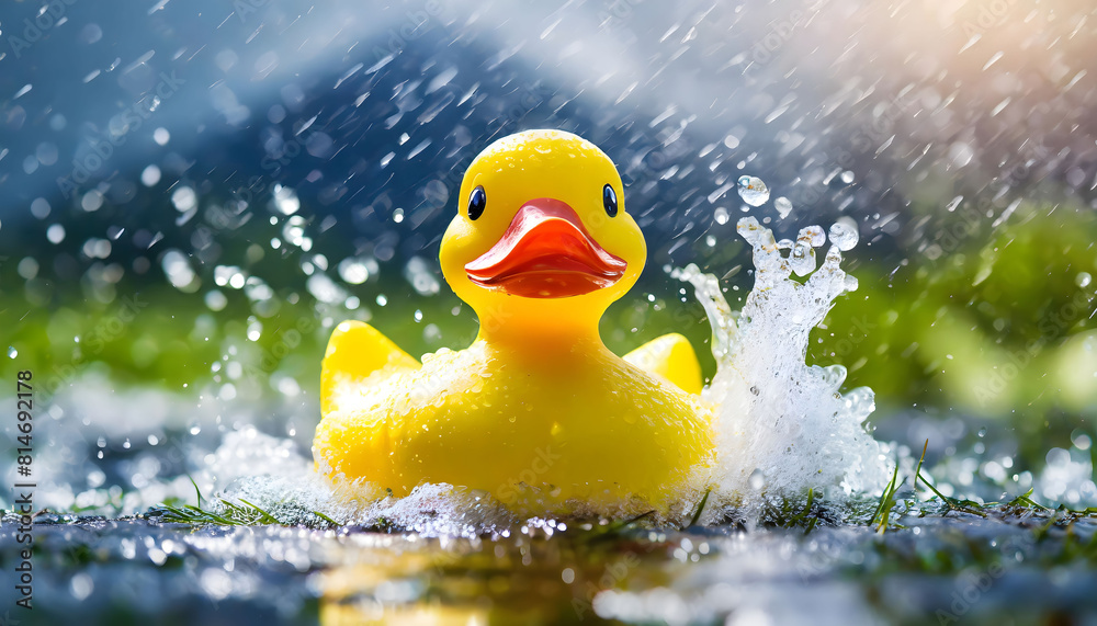 Yellow Rubber Ducky Splashing in Water Puddle. Generative AI Yellow Rubber Ducky Splashing in Water Puddle. Generative AI