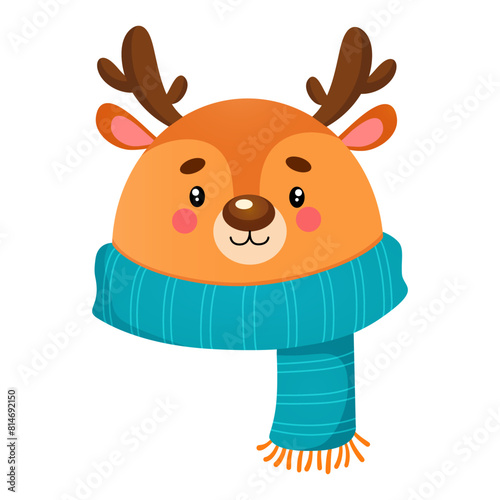 Vector illustration of cute baby deer character in warm winter scarf isolated on white background.
