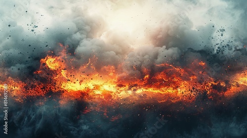 Digital artwork of an apocalyptic explosion  with fiery clouds and debris illustrated against a white background