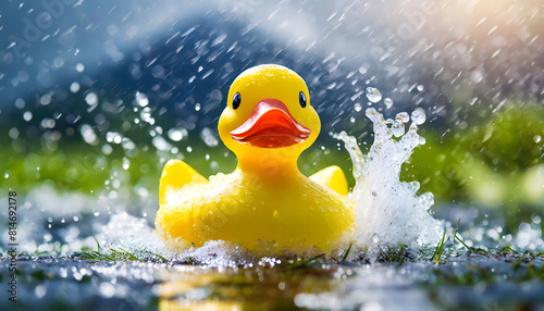 Yellow Rubber Ducky Splashing in Water Puddle. Generative AI