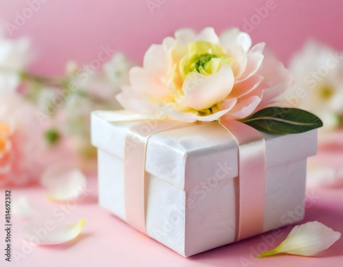 Cardboard gift box decorated with ribbon and flowers. Romantic present for love date. Design for wedding invitation and print card. (ID: 814692382)