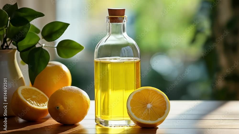 Glass bottle of lemon essential oil, accompanied by fresh whole and sliced lemons on a wooden table. A backdrop of lush greenery and soft natural light, ideal for themes of natural beauty and wellness Glass bottle of lemon essential oil, accompanied by fresh whole and sliced lemons on a wooden table. A backdrop of lush greenery and soft natural light, ideal for themes of natural beauty and wellness
