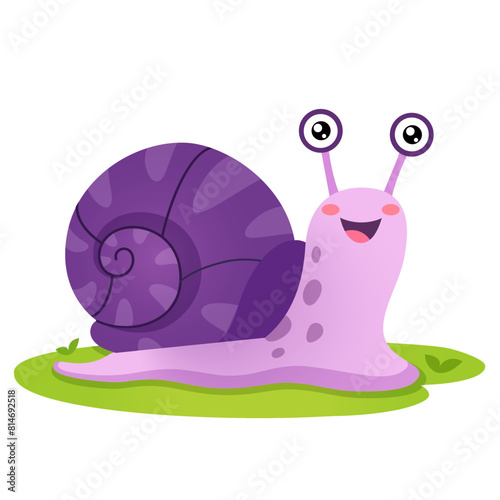 Vector illustration of cute cartoon snail character on a grass isolated on white background.
