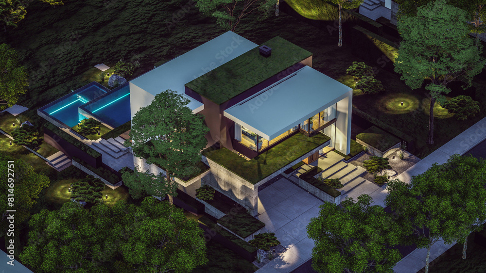 3d rendering of flat roof house with parking and pool for sale or rent with concrete facade and beautiful landscaping. Clear summer night with many stars on the sky 3d rendering of flat roof house with parking and pool for sale or rent with concrete facade and beautiful landscaping. Clear summer night with many stars on the sky
