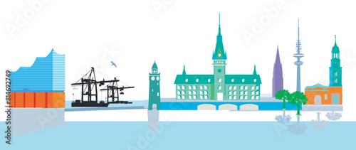 Hamburg Stadtansicht mit Hafen Illustration