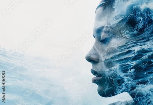 Ethereal double exposure portrait blending a womans profile with the swirling patterns of ocean waves