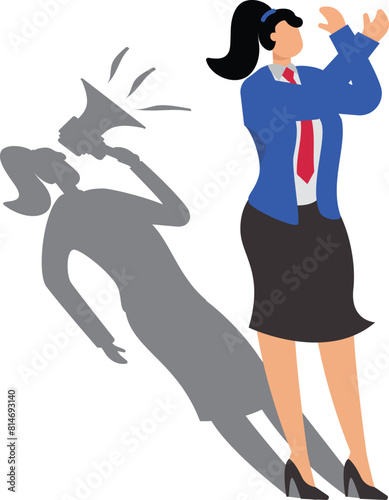Businesswoman shadow yelling to himself with megaphone concept illustration, negative critic thinking to blame your self, depressed businesswoman self shadow blame with megaphone